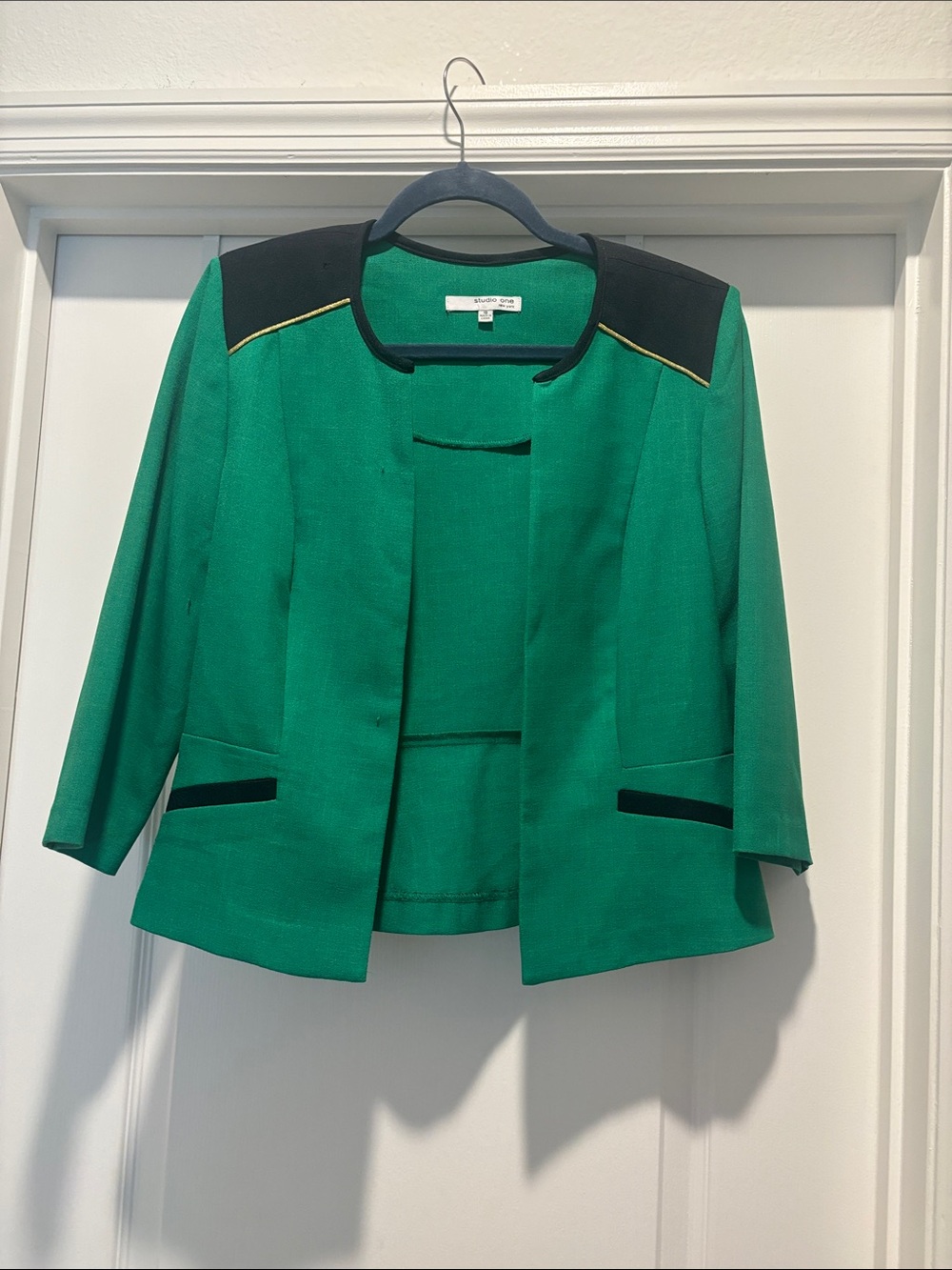 Emerald Green Open Front Blazer with Black Accents